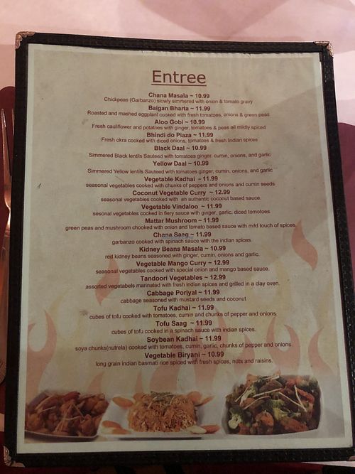 Dedicated vegan menu - entrees at Sizzling Bombay in Bel Air