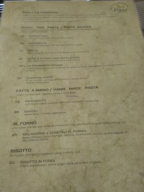 Vegan menu upon request (back) at Da Vicenzo in Johannesburg
