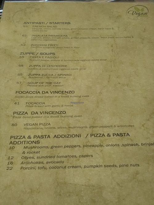Vegan menu upon request (front) at Da Vicenzo in Johannesburg