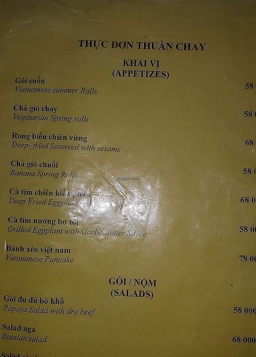 vegan menu at Rainbow Mon Ngon in Hanoi