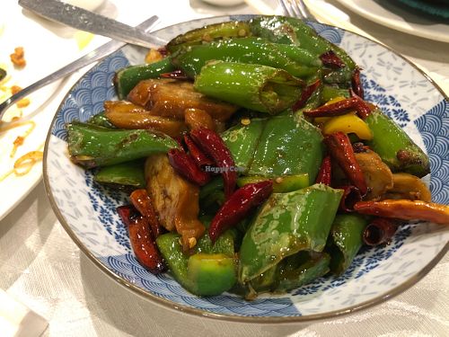 Spicy dry-pot mock pig intestine at Tong De Veggie 同德素食 in Kowloon