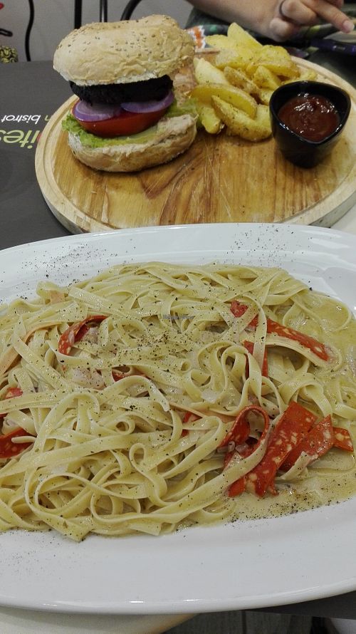 Carbonara and burger at Healthy Bites in Athens