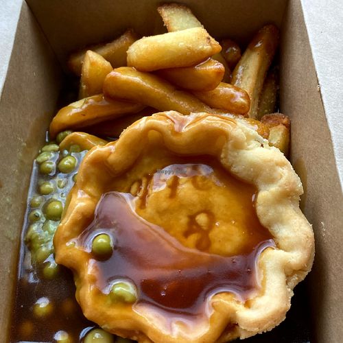 GF ‘meat’ & potato pie w/ salt n’ pepper chips and minted peas  at GRUB in Manchester