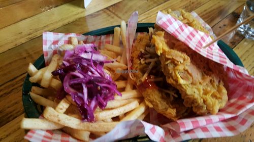 Double take double seitan burger minus the bun and fries at Down the Hatch in Liverpool