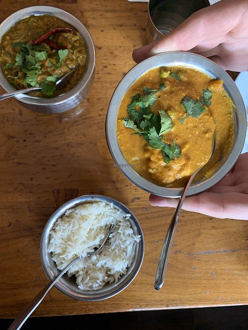 Right: Aloo Gobi Matar Left: Bhaigain Bhartha  at Seva in Astoria