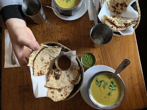 Naan and vegan Roti w/Mulligatawny soup  at Seva in Astoria