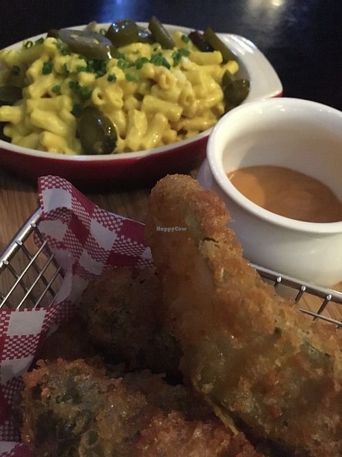 A balanced dinner of fried pickles & jalapeño mac and cheese.   at The Snug Public House in Brunswick