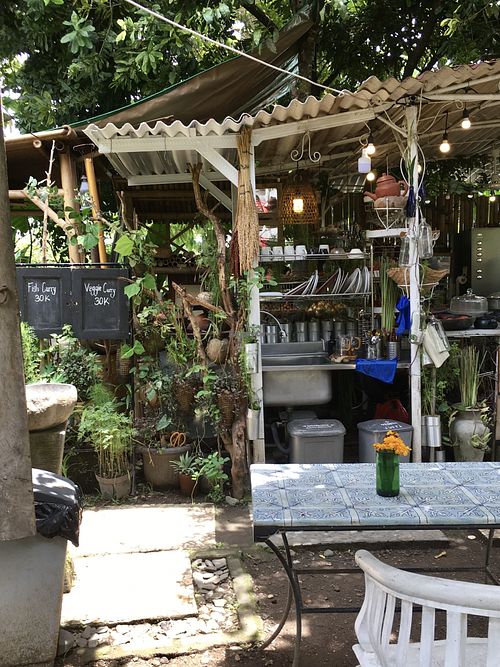 You have to wash your own dishes after you eat and then just leave money in the jars. Seems this place also serves no -veg options (see sign) but the buffet is fully vegan  at 9 Angels Warung in Ubud