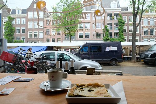 Coffee with vegan cheese & spinach pie at Nossa Terra in Amsterdam