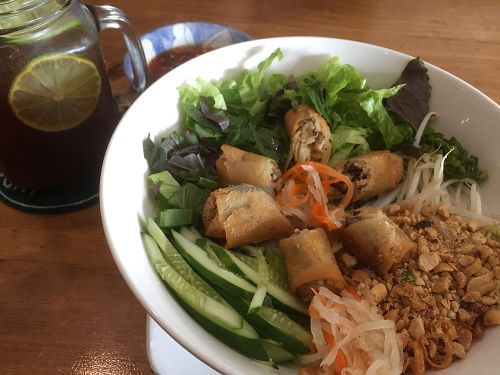 Vermicelli and fried spring rolls at Vegan Kitchen in Ho Chi Minh City