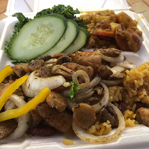Vegan Shrimp, Spanish style rice w/beans, curry chickpeas and kale salad at Universal Love Vegan Cafe  in Columbia
