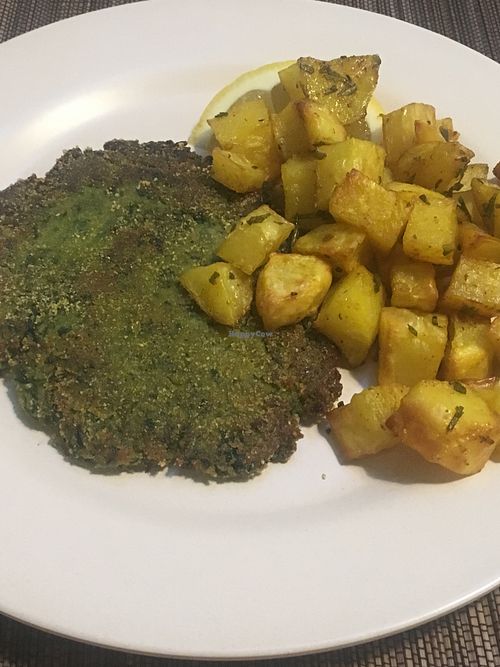Lupin and spinach paned cutlet and roast potatoes  at VgOloso in Venice