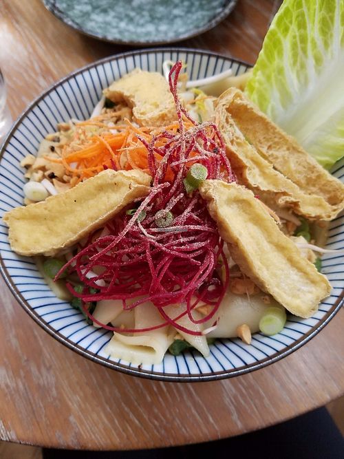 Noodle salad with wide rice noodles, bean sprouts, carrot, beetroot, romaine, peanuts, a sweet (vegan) sauce, as well as both crispy and regular firm tofu at DC Noodles in Washington