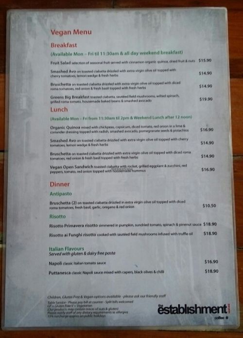 vegan menu at Bean on Boundary in West End