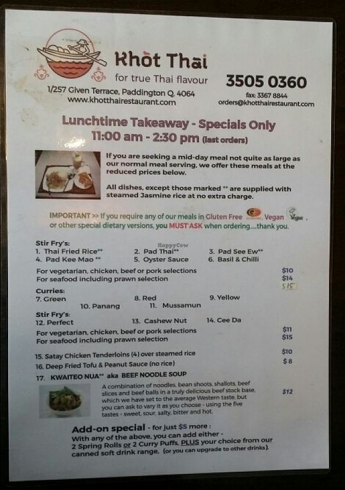 lunch menu at Khot Thai in Paddington