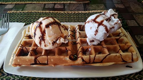 Waffles with vanilla and coconut ice cream at Rad Rabbit in Chiang Mai