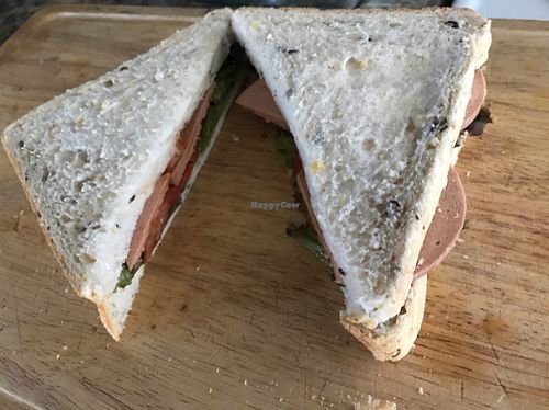 sandwich with la wheat bread and vegan slicing ham and salad from the fresh choice supermarket  at La Wheat Bakery in Leeston