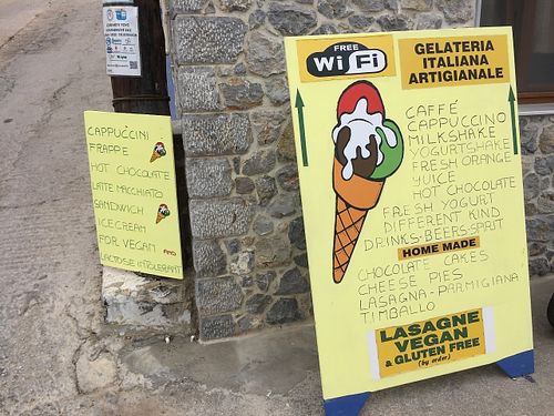 Sign on the street at Gelateria Italiana Artigianale in Kalymnos