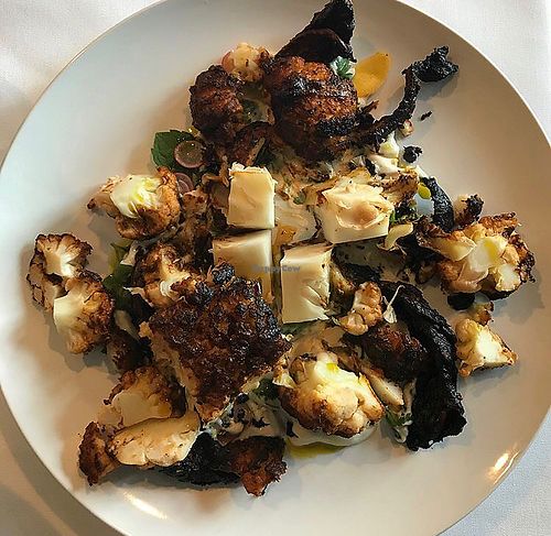 Gloria's Roasted Cauliflower with Pickled Carrots, Cashew Cream and Pistachio Oil at Cruciferous in Hollywood