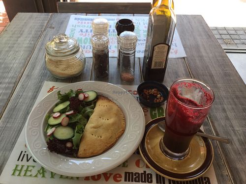veggie curry pie and salad with smoothie at The Vege Table - Nature's Path in Swakopmund