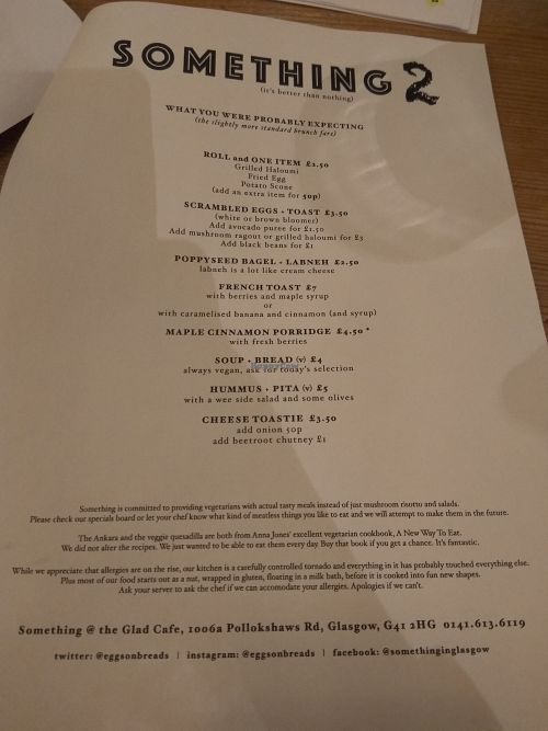Veggie menu 1 at Something at The Glad Cafe in Glasgow