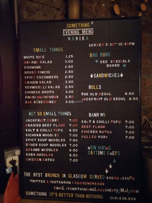 Menu (evening) at Something at The Glad Cafe in Glasgow