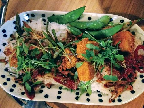Salt & chilli tofu on a bed of white rice at Something at The Glad Cafe in Glasgow