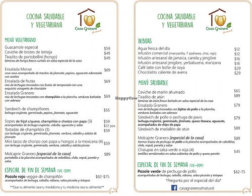 Menu at Casa Granero al Natural in Mazatlan