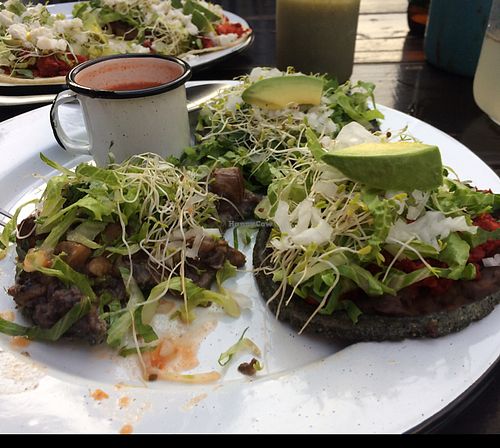 vegan sopes. bean, soy chorizo, and mushrooms  at Casa Granero al Natural in Mazatlan