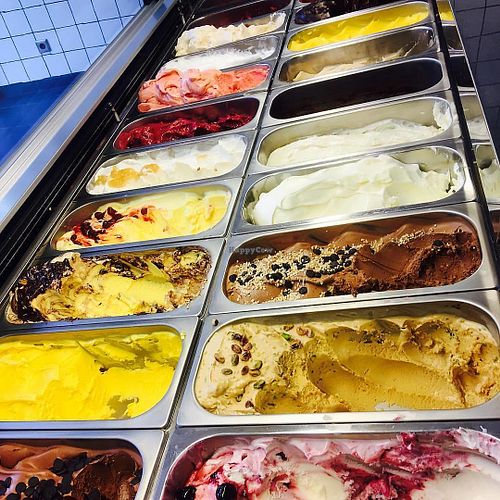 At least 8 vegan sorbet flavors, including pastiche and dark chocolate. at DeLepel in Amsterdam