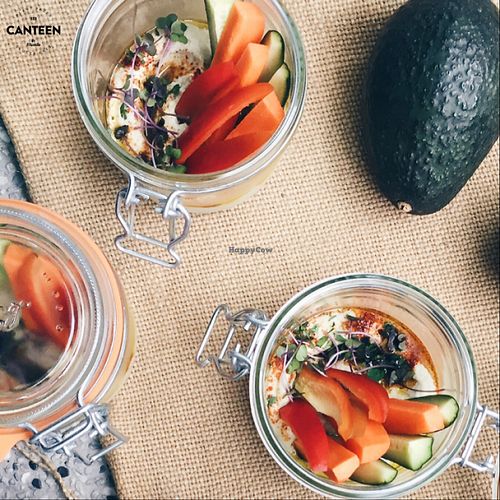 hummus jars with sprouted mung bean hummus, organic veggie stick & cold-pressed Avovado oil. at Canteen by Plants in Taipei