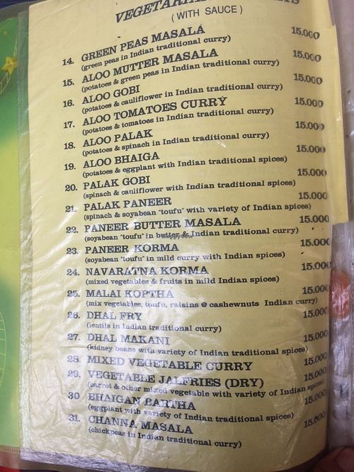 Vegetarian menu at Jasmine in Don Det