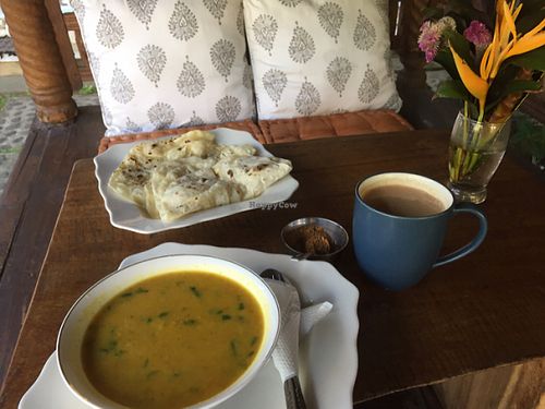 pumpkin Dal soup, chapati, and coconut chai at Mumbai Station in Ubud