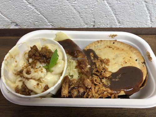 Steak and ale pie with mash, mac’n’cheese, gravy, and crispy onions at Young Vegans - Online only in East London