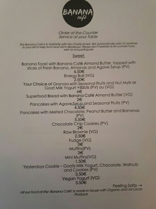 menu  at Banana Cafe in Bordeaux