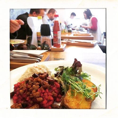 Traditional czech cusine, originaly made - beetroat groats and marjoram, horsradish with apples, goldem baket potatoes at zralé bistro in Zlin