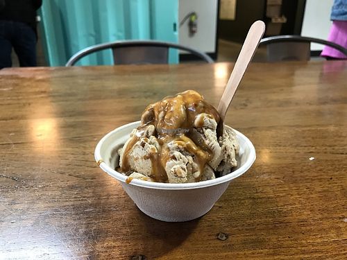 2 scoops of Caramel Almond with Vegan Hot Caramel Sauce  at Mr. Dewie's Cashew Creamery in Emeryville