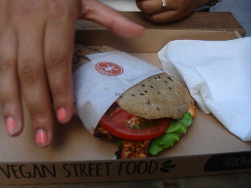 Grab and go tofu sandwich at Tökmag Vegan Street Food in Budapest