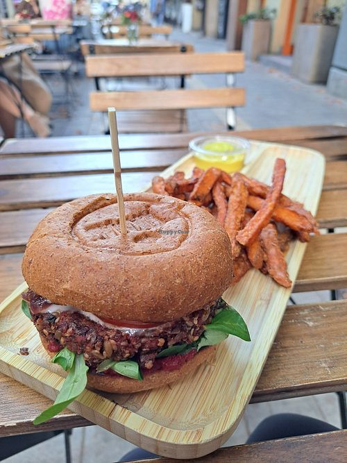 Veg burger with sweet potato fries at Tökmag Vegan Street Food in Budapest