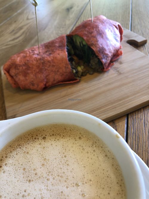 Oat milk cappuccino and vegan breakfast wrap 🌱 at Lola's Cafe in Ladera Ranch
