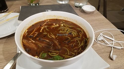 chili soba green tea mushroom soup at Beyond Sushi in New York City