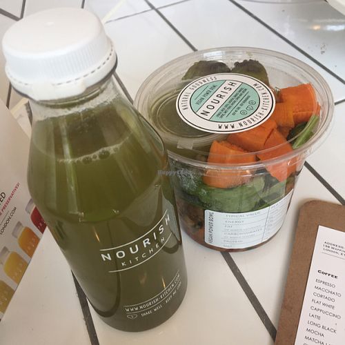 green juice and vegan salad  at Urban Baristas in East London
