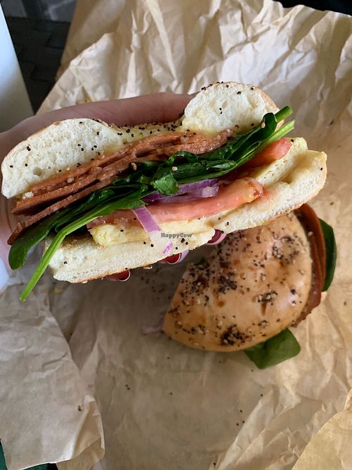 Vegan bagel with bacun and JUST egg  at Little Market Cafe in Ellicott City