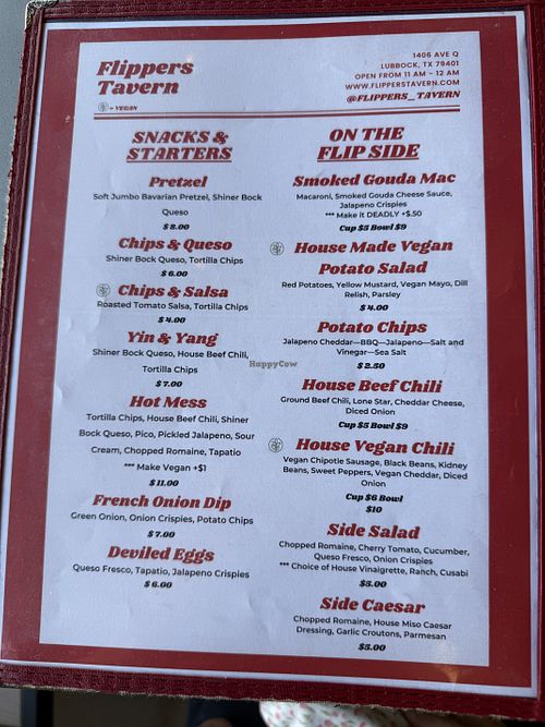Menu  at Flippers Tavern in Lubbock