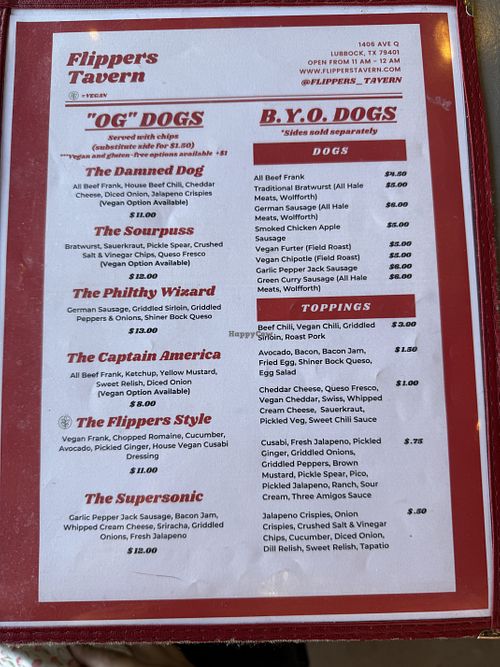 Menu  at Flippers Tavern in Lubbock
