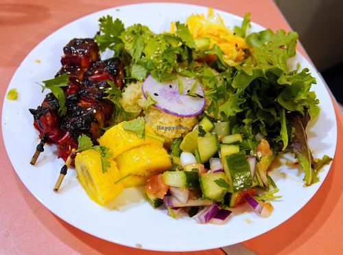 Plate of the day: tempeh brochettes + attiéké + boiled plantain at Jah Jah in Paris