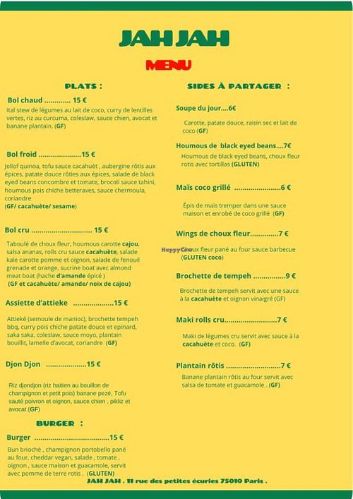 Menu February 2026 at Jah Jah in Paris