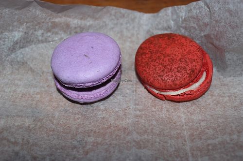 Vegan macarons! Lavender-chocolate & red velvet at SweetSide Cafe in Baltimore