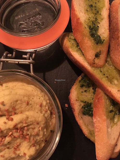 Hummus and garlic bread at Le Tandem in Biarritz