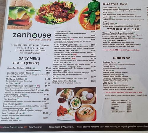 Zenhouse menu side A pt 1 at Zenhouse Vegetarian Yum Cha  in Adelaide